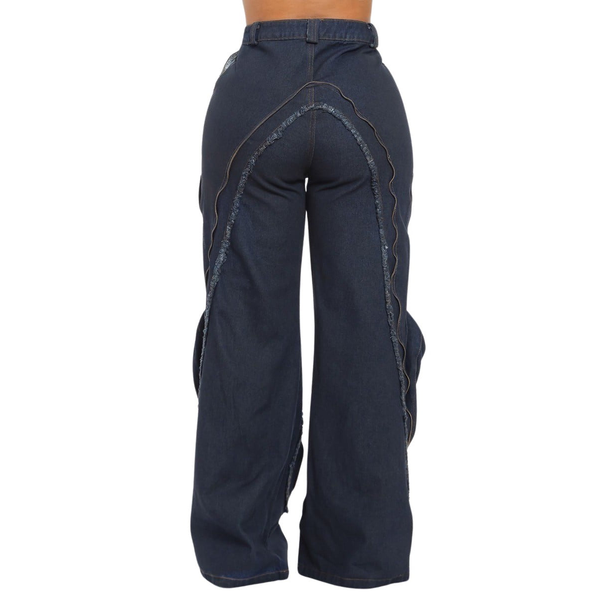 High Waist Wide Leg Jeans, Distressed Denim with Zipper Details, Dark Blue