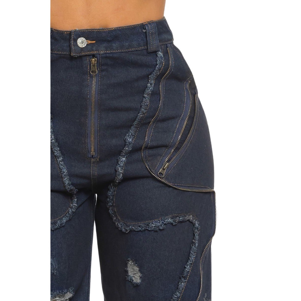 High Waist Wide Leg Jeans, Distressed Denim with Zipper Details, Dark Blue