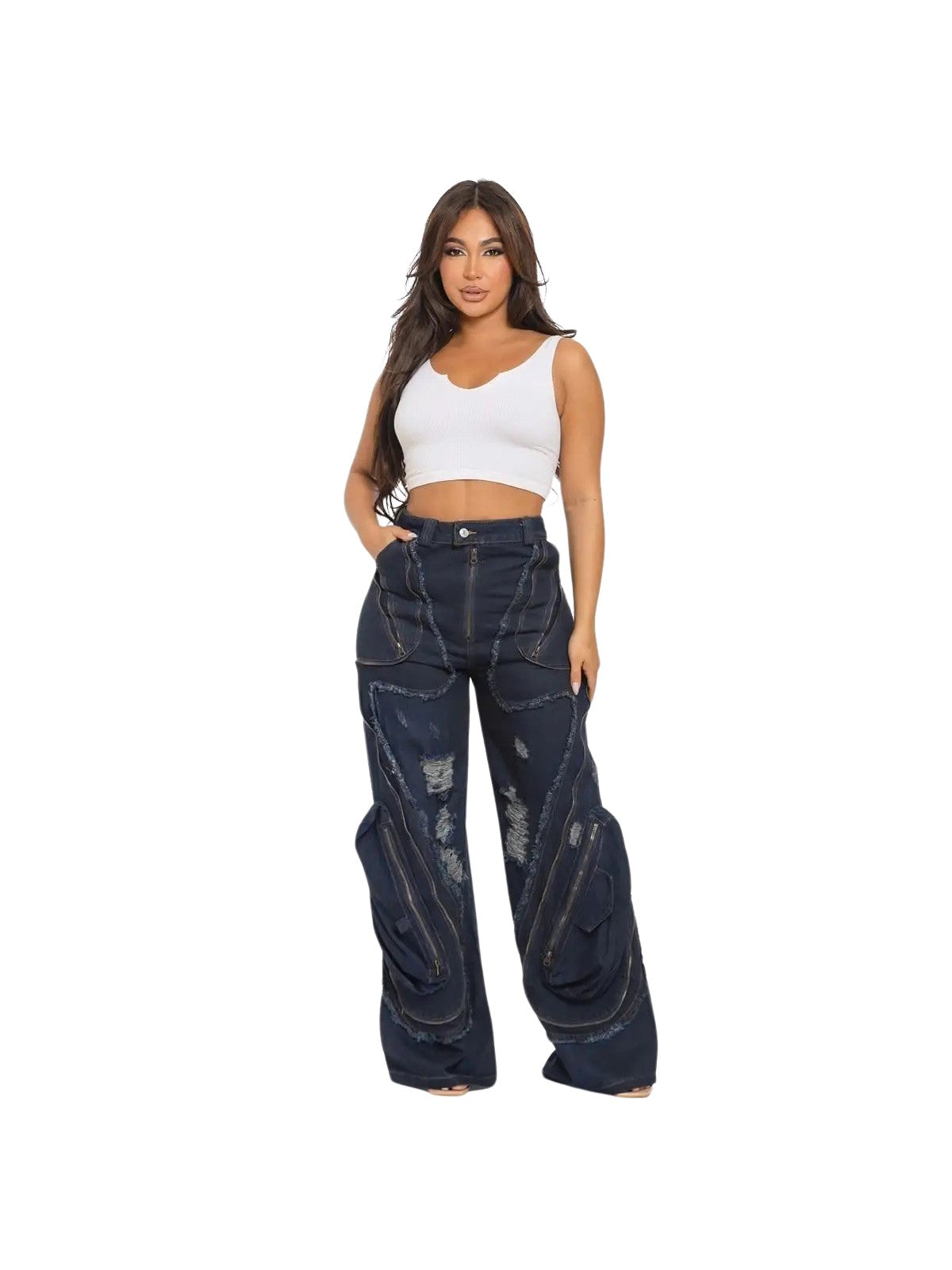 High Waist Wide Leg Jeans, Distressed Denim with Zipper Details, Dark Blue