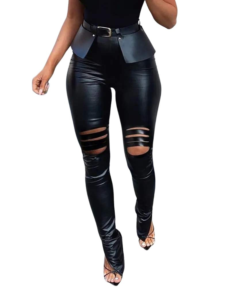 Faux Leather Pants with Ripped Detail, High Waist, Skinny Fit, Black