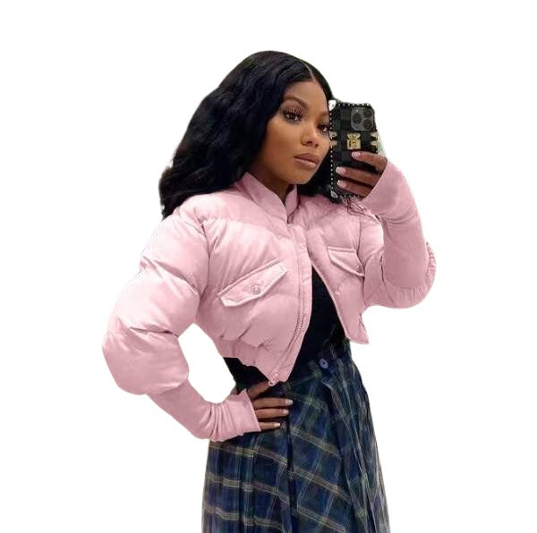 Cropped Puffer Jacket, Pink, Front Zip Closure with Flap Pockets