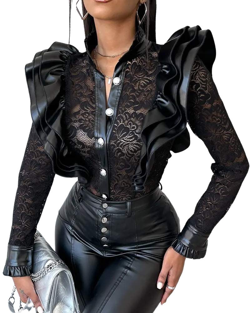 Women's Lace Ruffle Blouse, Black Faux Leather Trim, Long Sleeve Button-Down Top