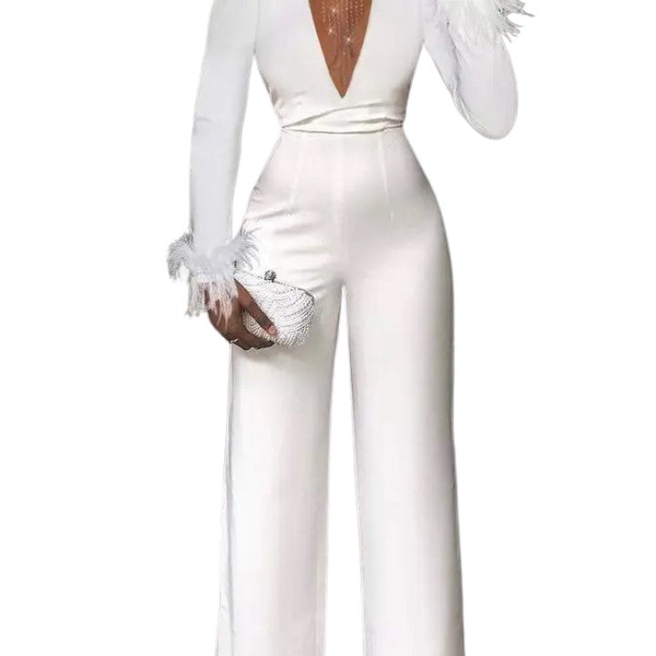 Women's Elegant White Jumpsuit with Plunge Neck, Long Sleeves, Feather Trim, Wide Leg