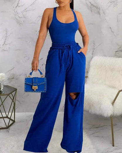 Women's Yellow Two-Piece Set, Tank Top and Wide-Leg Pants with Knee Cutout, Stretchy Cotton Blend