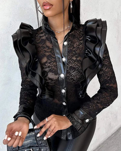 Buttoned Ruffles Pu Leather Lace Patchwork Top