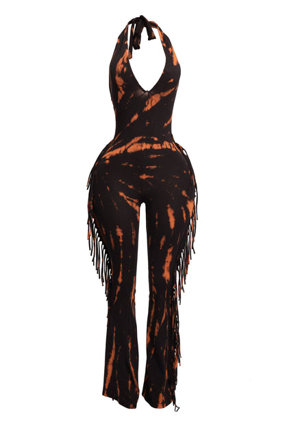 Women's Tie-Dye Halter Jumpsuit with Fringe Detail, Black and White Pattern, Full Length