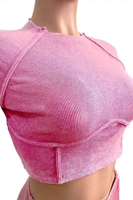 Women's Two-Piece Ribbed Crop Top and Pants Set, Pink, Streetwear Athletic Style