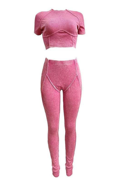 Women's Two-Piece Ribbed Crop Top and Pants Set, Pink, Streetwear Athletic Style