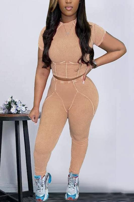 Women's Two-Piece Ribbed Crop Top and Pants Set, Pink, Streetwear Athletic Style