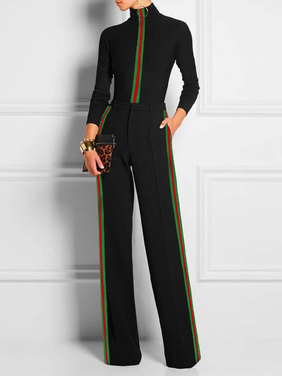 Long Sleeves Skinny Contrast Color Striped Casual Pants