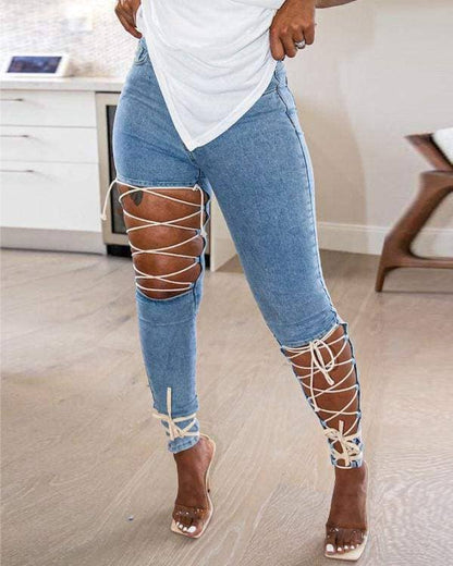 New zipper fly cutout laceup skinny jeans