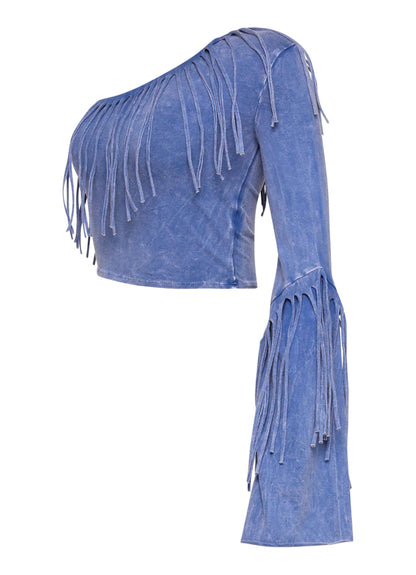 Women's One Shoulder Fringe Crop Top, Blue Suede, Long Sleeve
