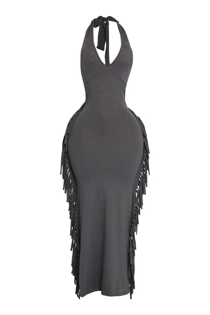 Women's Halter Neck Bodycon Maxi Dress with Side Fringe Detail, Olive Green