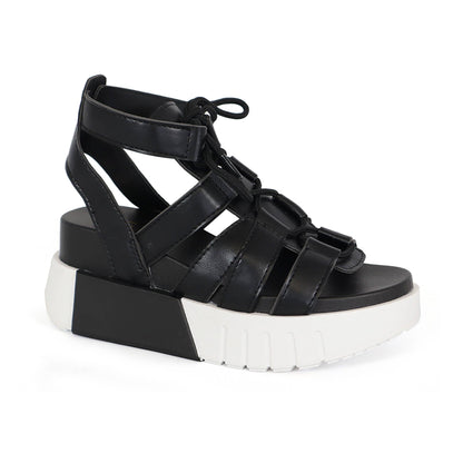 Platform Gladiator Sandals, Black Lace-Up, Chunky White Sole