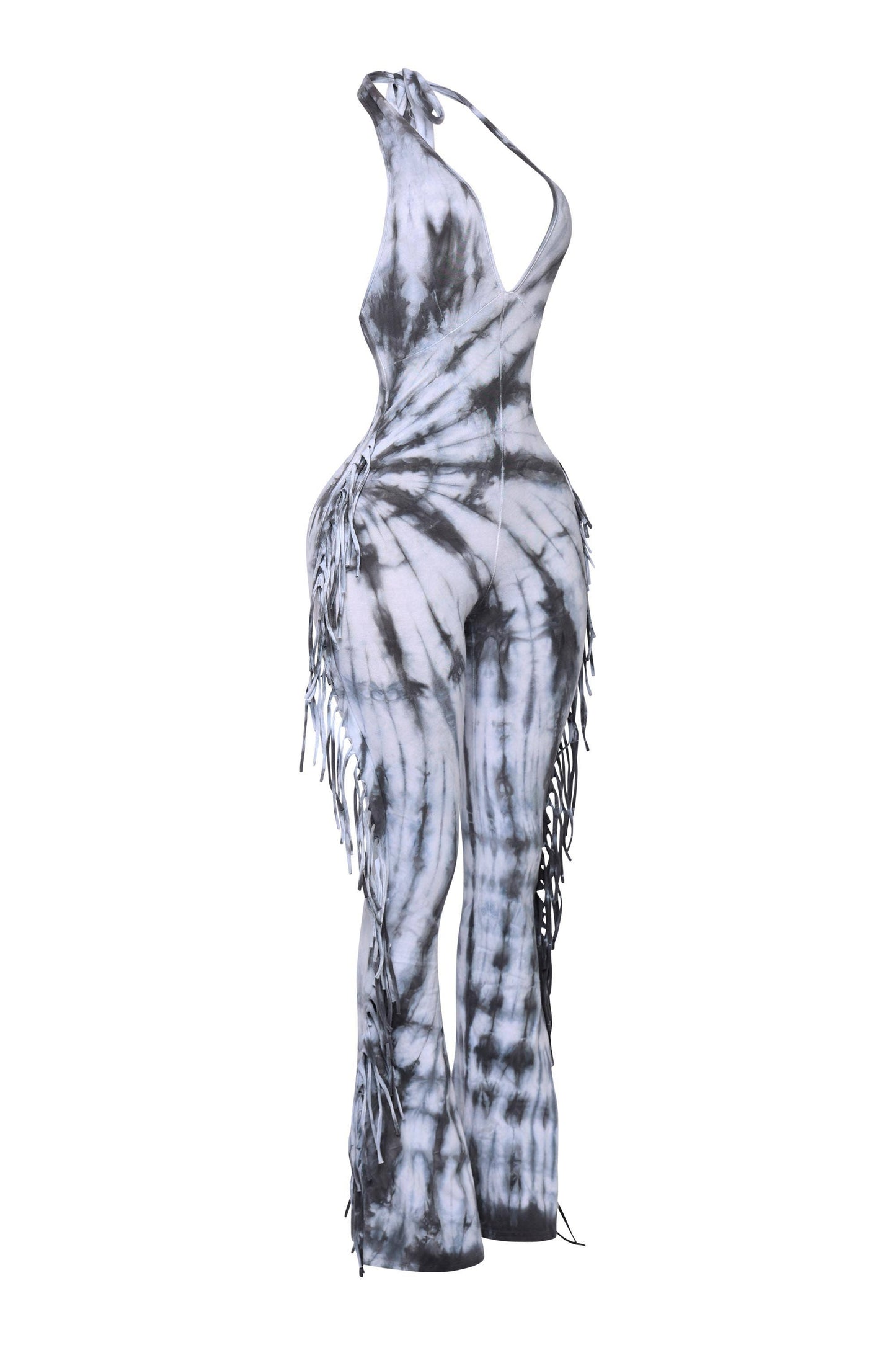 Women's Tie-Dye Halter Jumpsuit with Fringe Detail, Black and White Pattern, Full Length