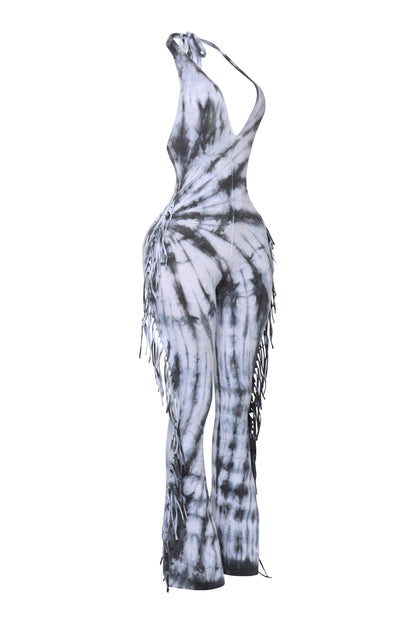 Women's Tie-Dye Halter Jumpsuit with Fringe Detail, Black and White Pattern, Full Length