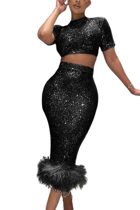 Sequin Two Piece Dress Set, Crop Top with Short Sleeves and Midi Skirt with Feather Trim, Black