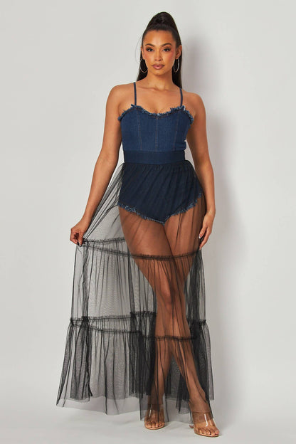 Women's Denim Bodysuit with Sheer Mesh Maxi Skirt Overlay, Spaghetti Straps, Navy Blue