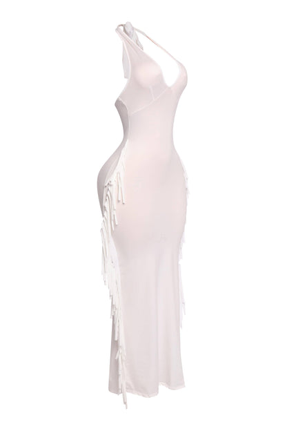 Women's Halter Neck Bodycon Maxi Dress with Side Fringe Detail, Olive Green
