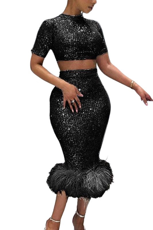 Sequin Two Piece Dress Set, Crop Top with Short Sleeves and Midi Skirt with Feather Trim, Black