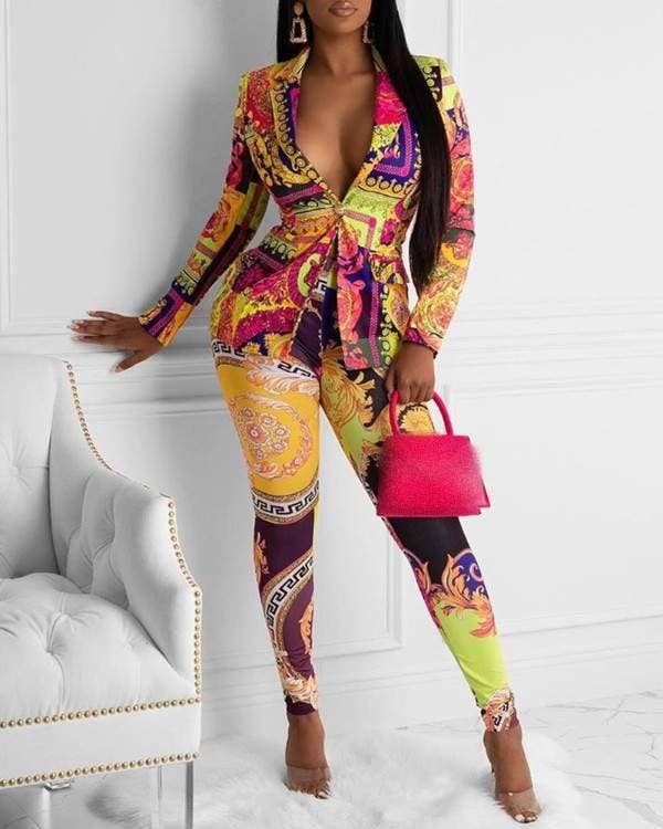 Women's V-Neck Long Sleeve Jumpsuit, Colorful Abstract Print, Fitted Design with Paisley Pattern Blazer