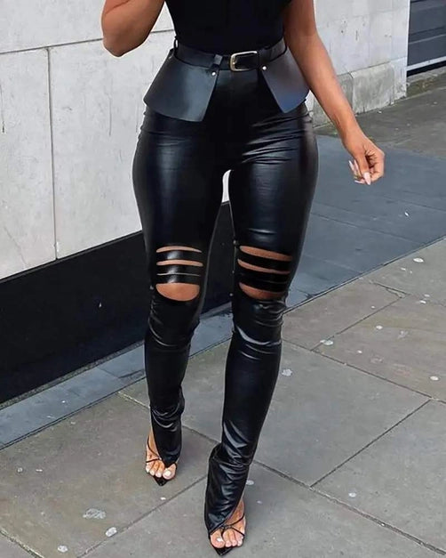 High Waist Pu Leather Skinny Pants with Belt