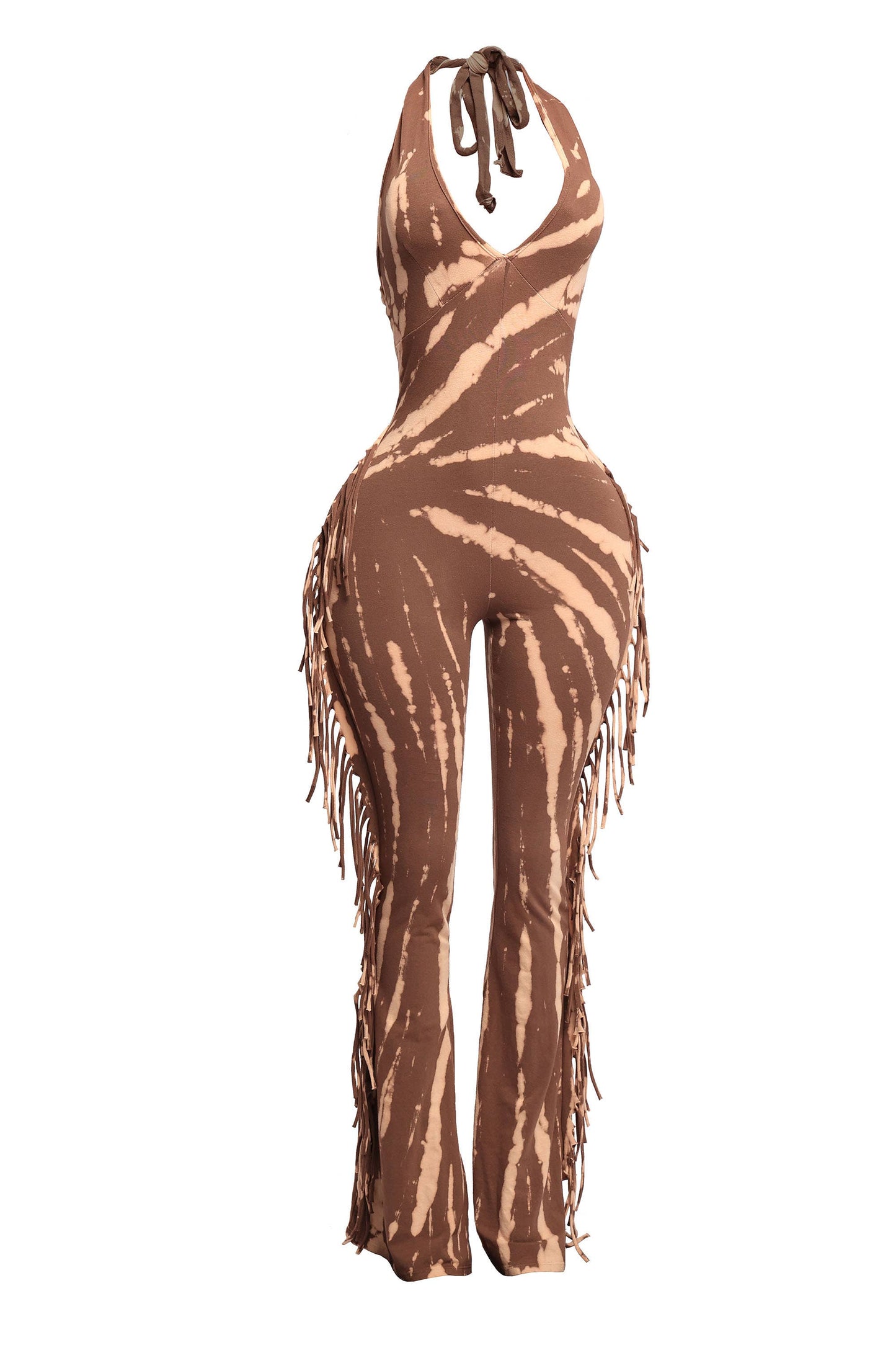 Women's Tie-Dye Halter Jumpsuit with Fringe Detail, Black and White Pattern, Full Length