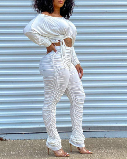 Women's 2 Piece Ruched Loungewear Set, Long Sleeve Crop Top and Stacked Pants