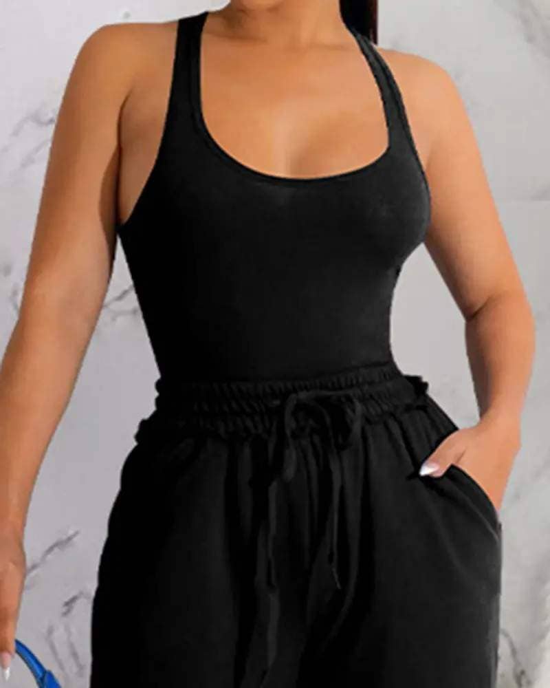 Women's Yellow Two-Piece Set, Tank Top and Wide-Leg Pants with Knee Cutout, Stretchy Cotton Blend