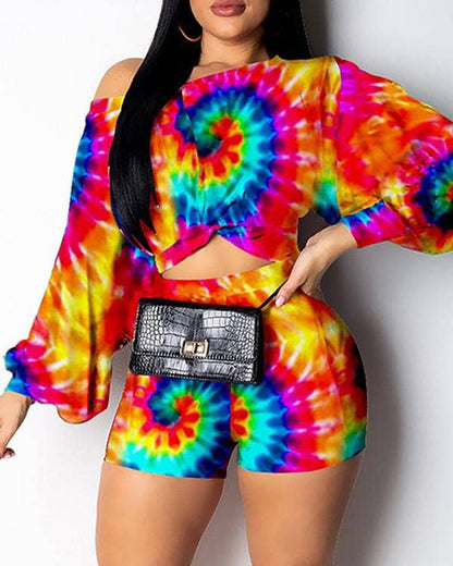 Tie Dye Two Piece Set, Long Sleeve Crop Top and Shorts, Rainbow Multicolor