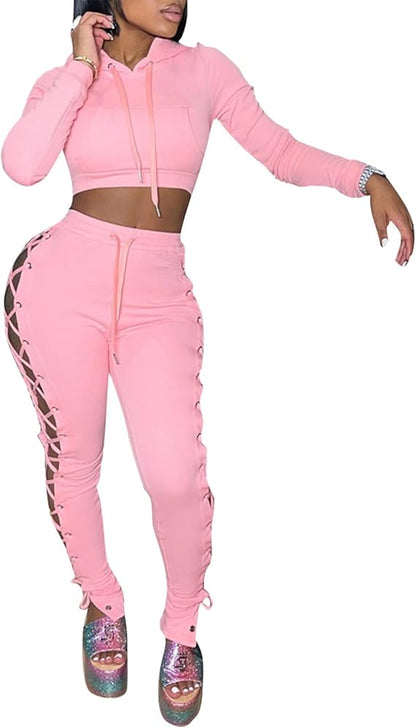 Crop hoodie grommet eyelet laceup pants set