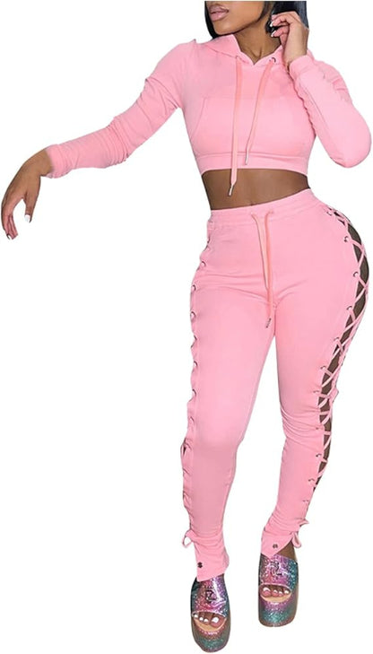 Crop hoodie grommet eyelet laceup pants set