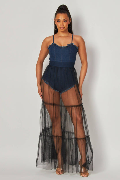 Women's Denim Bodysuit with Sheer Mesh Maxi Skirt Overlay, Spaghetti Straps, Navy Blue