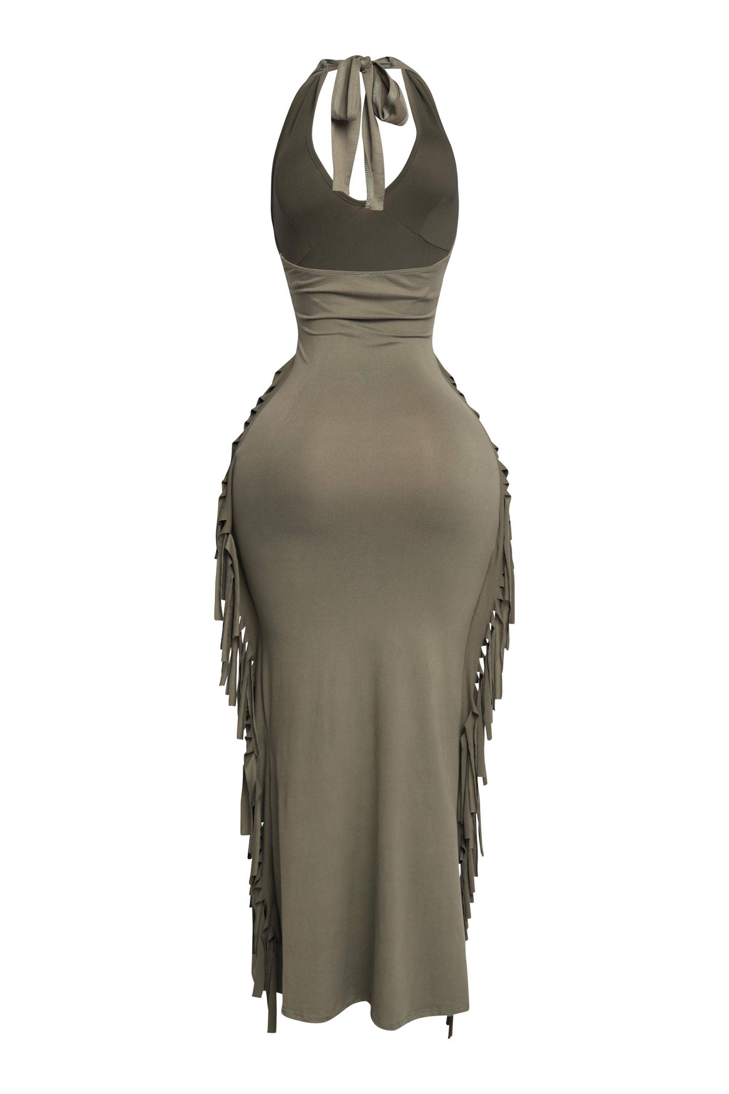 Women's Halter Neck Bodycon Maxi Dress with Side Fringe Detail, Olive Green