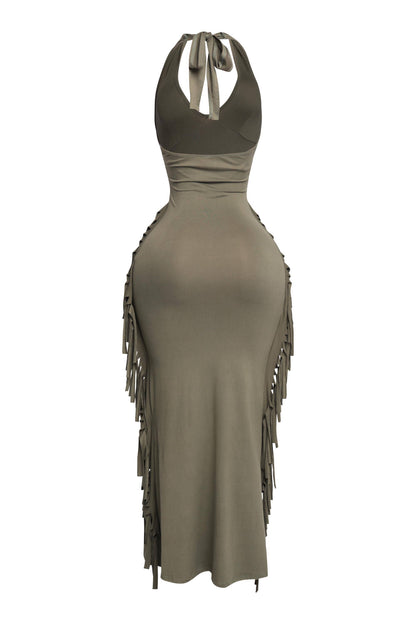 Women's Halter Neck Bodycon Maxi Dress with Side Fringe Detail, Olive Green