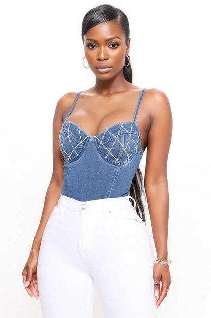 Rhinestone Denim Bodysuit with Geometric Stitching, Sweetheart Neckline, Spaghetti Straps, Medium Wash