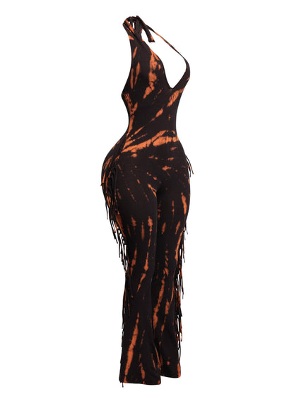 Women's Tie-Dye Halter Jumpsuit with Fringe Detail, Black and White Pattern, Full Length