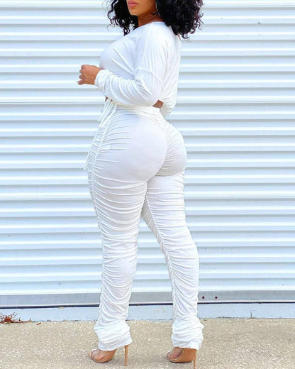 Women's 2 Piece Ruched Loungewear Set, Long Sleeve Crop Top and Stacked Pants