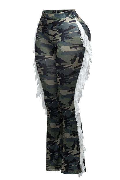Women's Graffiti Print Leggings with White Fringe Detail, High Waist Street Style Dance Pants