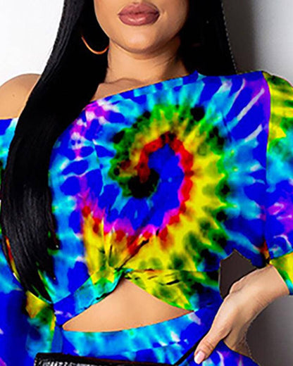 Tie Dye Two Piece Set, Long Sleeve Crop Top and Shorts, Rainbow Multicolor