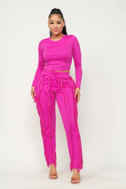 Solid Round Neck Top and Fringes Detail Pants Set