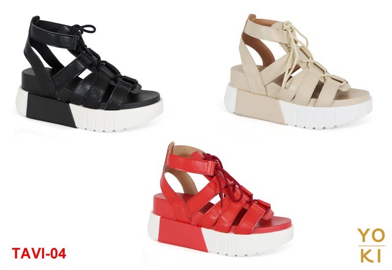 Platform Gladiator Sandals, Black Lace-Up, Chunky White Sole