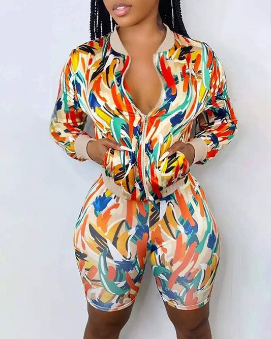 Women's Multicolored Abstract Print Two-Piece Set, Long Sleeve Zip-Up Jacket with Shorts, Casual Streetwear