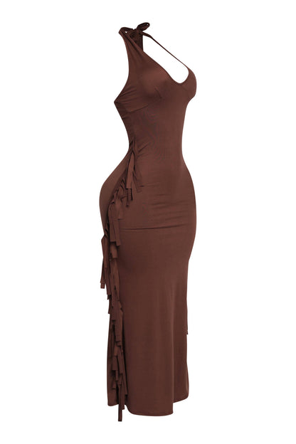 Women's Halter Neck Bodycon Maxi Dress with Side Fringe Detail, Olive Green