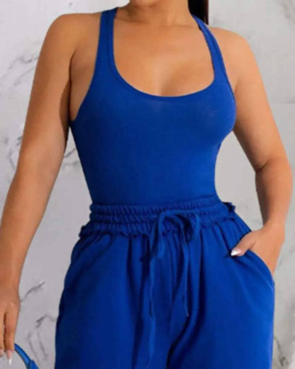 Women's Yellow Two-Piece Set, Tank Top and Wide-Leg Pants with Knee Cutout, Stretchy Cotton Blend