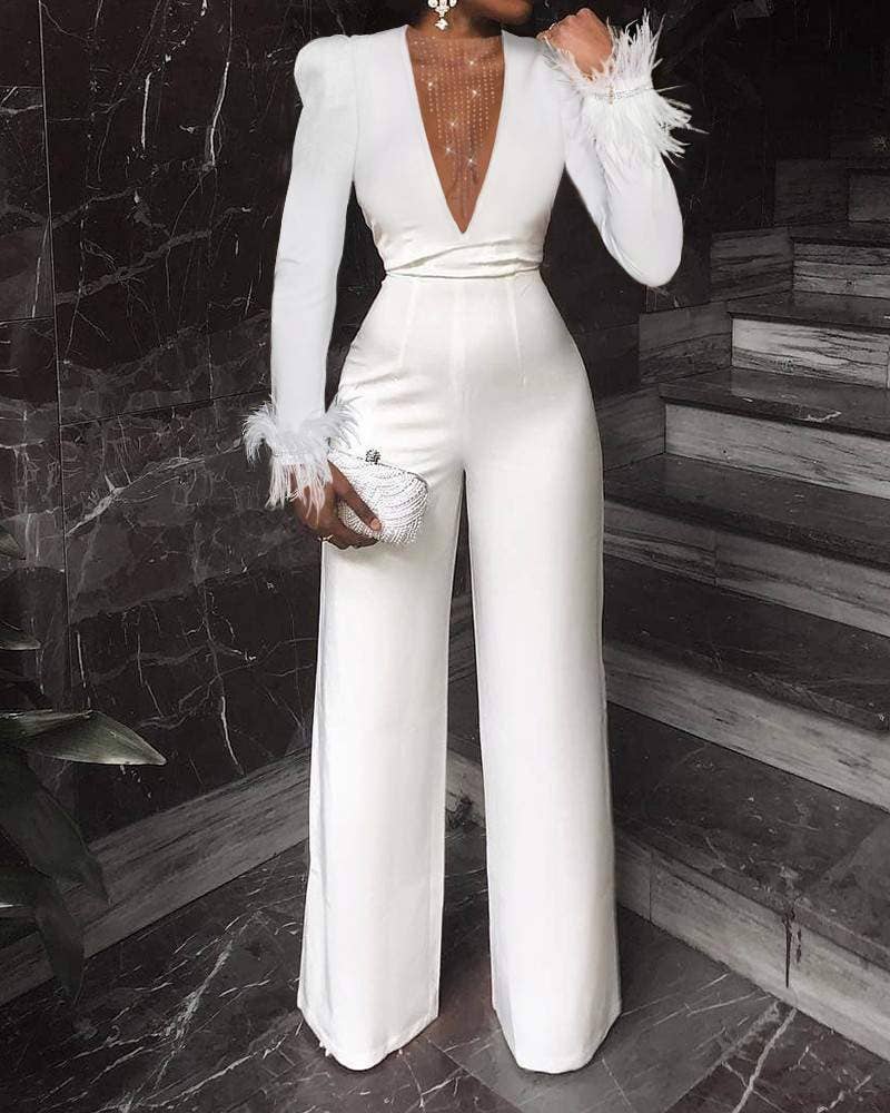 Studded Mesh Insert V-neck Fuzzy Detail Jumpsuit