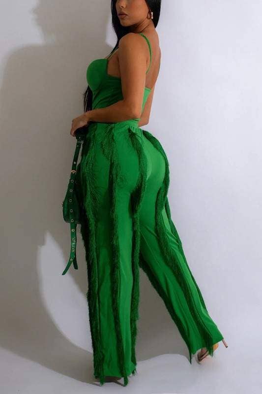Women's Emerald Green Bustier Jumpsuit with Wide Leg Pants, Spaghetti Straps, Sweetheart Neckline