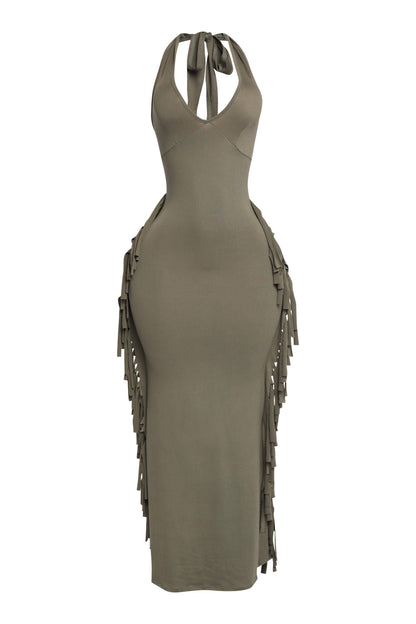 Women's Halter Neck Bodycon Maxi Dress with Side Fringe Detail, Olive Green