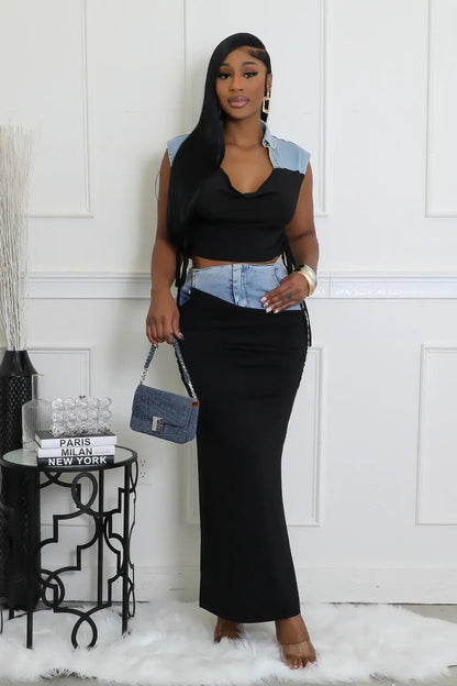 Women's Two-Piece Denim Accent Outfit, Black Crop Top and Maxi Skirt Set
