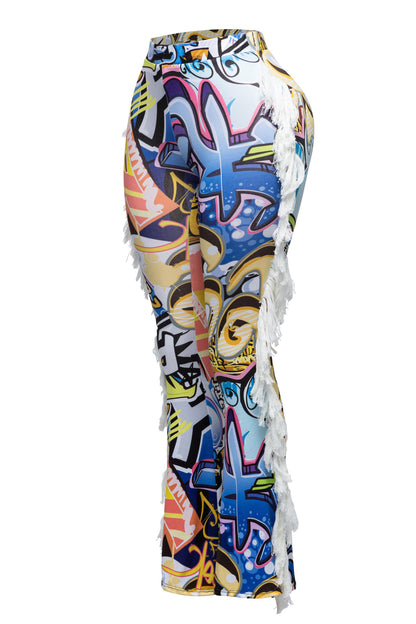 Women's Graffiti Print Leggings with White Fringe Detail, High Waist Street Style Dance Pants